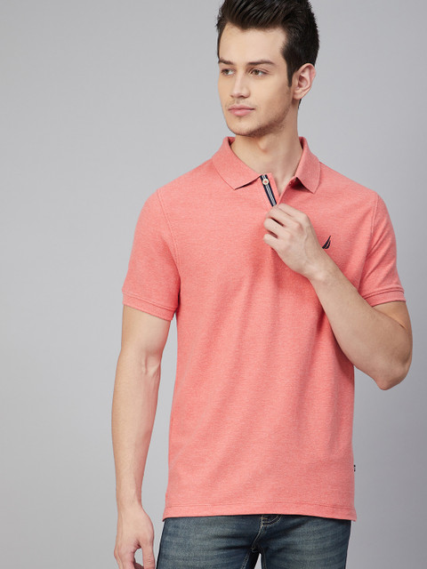 

Nautica Men Coral Orange Cotton Solid Polo Collar T-shirt
