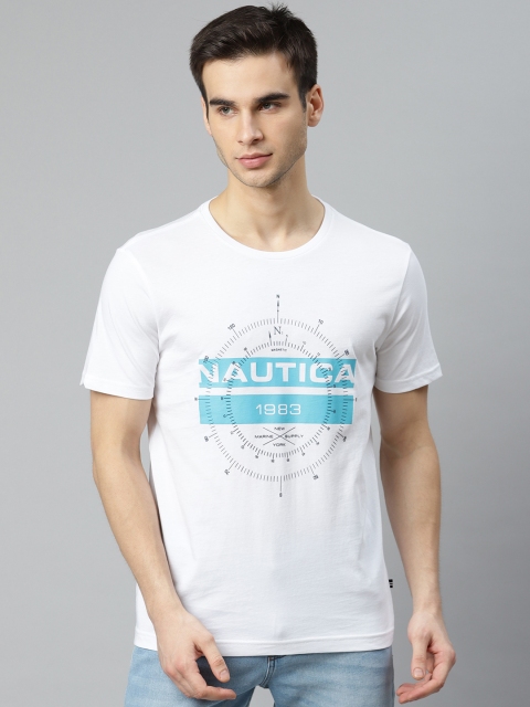 

Nautica Men White & Blue Pure Cotton Printed Round Neck T-shirt