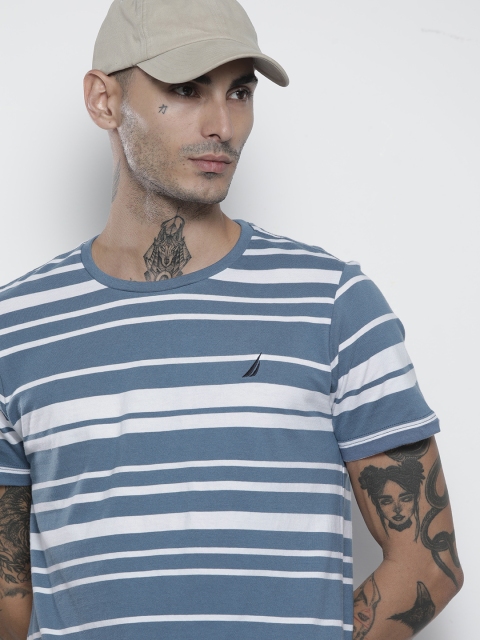 

Nautica Men Blue White Striped Pure Cotton T-shirt