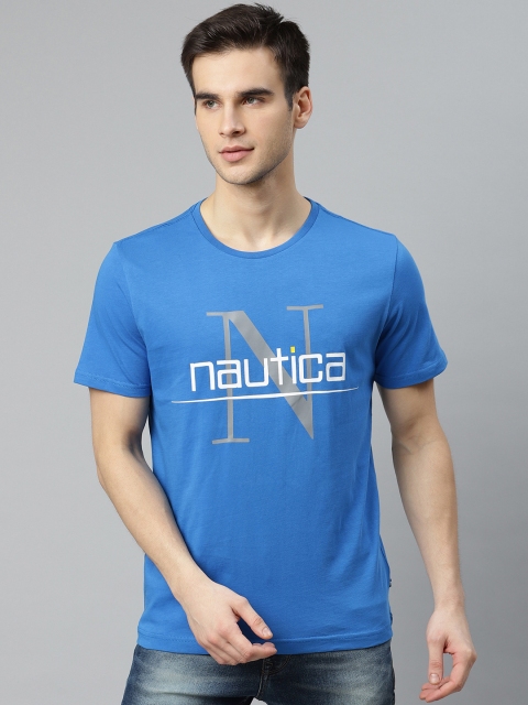 

Nautica Men Blue & White Pure Cotton Printed Round Neck T-shirt