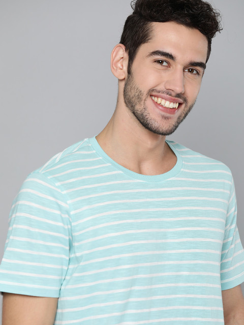 

M&H Easy Men Blue & White Striped Pure Cotton Round Neck T-shirt
