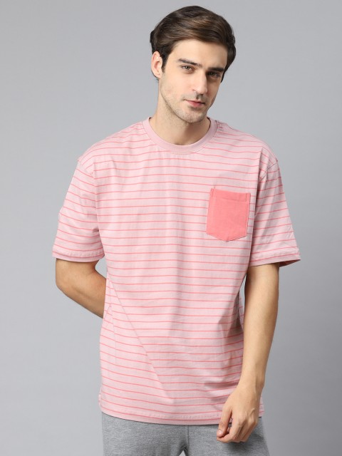 

M&H Easy Men Pink Striped Pure Cotton Round Neck T-shirt