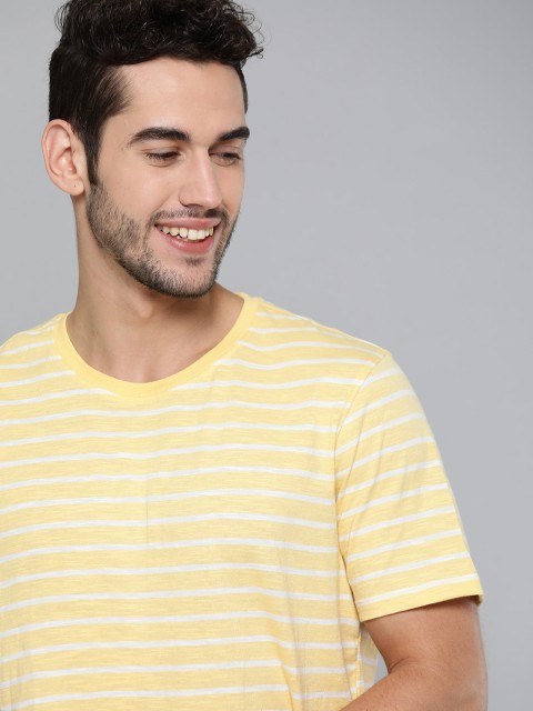 

M&H Easy Men Yellow & White Striped Pure Cotton Round Neck T-shirt