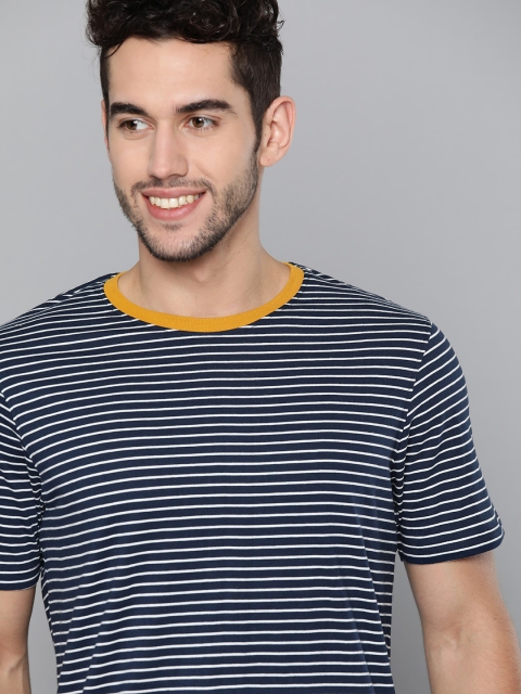 

M&H Easy Men Navy Blue & White Striped Pure Cotton Round Neck T-shirt