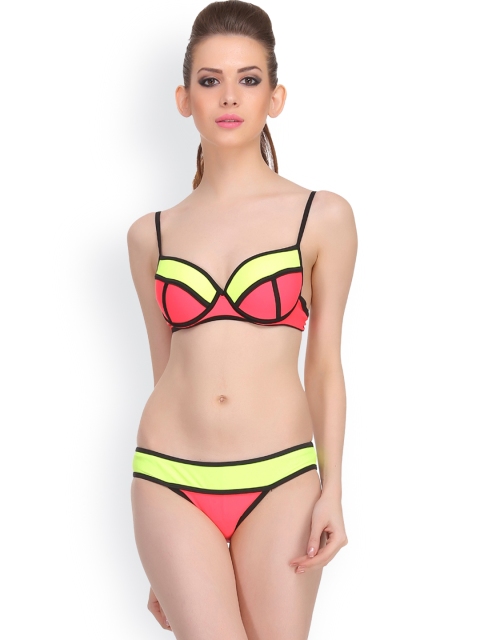 

Clovia Coral Pink & Yellow Bikini Swimwear SM0024P04