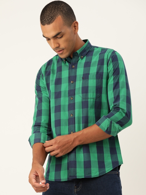

RED & BLUE Men Green & Navy Blue Pure Cotton Regular Fit Checked Casual Shirt