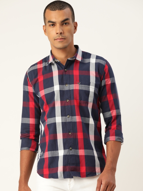 

RED & BLUE Men Navy Blue & Red Pure Cotton Regular Fit Checked Casual Shirt