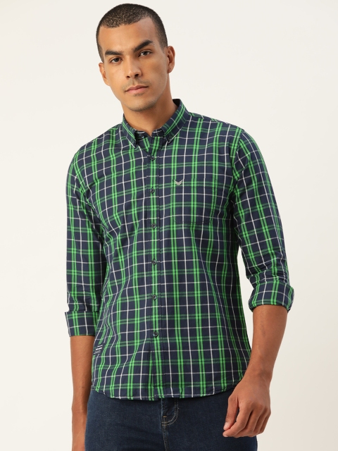 

RED & BLUE Men Navy Blue & Green Pure Cotton Regular Fit Checked Casual Shirt