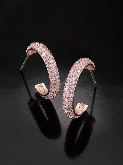 

Peora White Rose Gold Plated Micro Pave CZ Studded Circular Half Hoop Earrings
