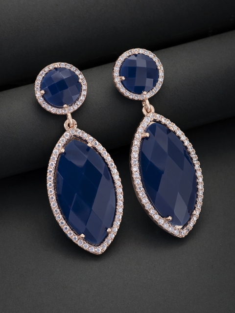 

Peora Navy Blue Rose Gold-Plated Crystal Diamond Cut CZ Geometric Drop Earrings