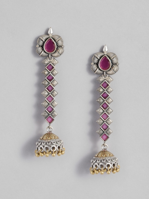 

Peora Silver-Plated Magenta Oxidised Afghani Tribal Studded Jhumkas