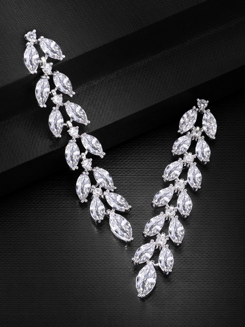 

Peora Silver-Plated White Diamond Cut Cubic Zirconia Leaf Shaped Drop Earrings
