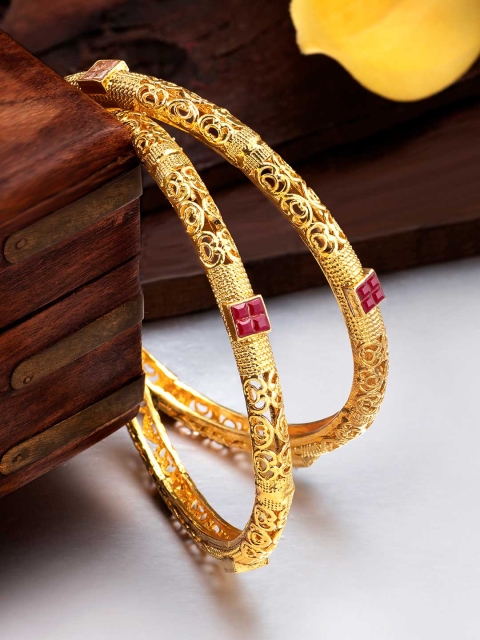 

Peora Set of 2 Gold-Plated Red Studded Handcrafted Bangles