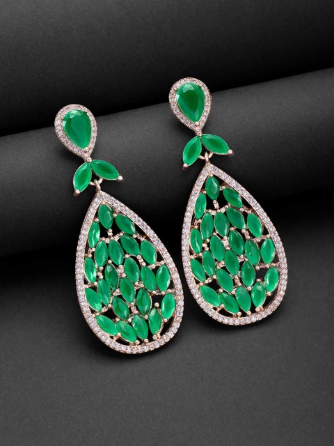 

Peora Green Rose Gold-Plated Crystal Teardrop Shaped Earrings