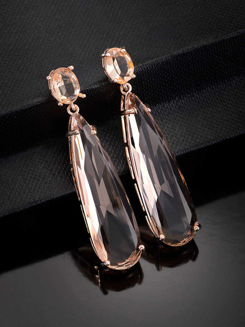 

Peora Champagne & Rose Gold-Plated Teardrop Shaped Crystal Studded Drop Earrings