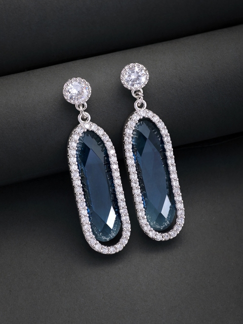 

Peora Blue & White Silver Plated Bezel Set Crystal Contemporary Drop Earrings