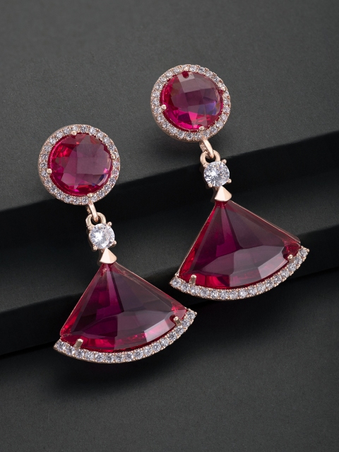 

Peora Red & Rose Gold-Plated Cubic Zirconia Studded Geometric Drop Earrings