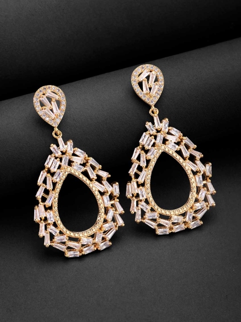 

Peora White & Gold-Plated Cubic Zirconia Studded Tear Drop Earrings