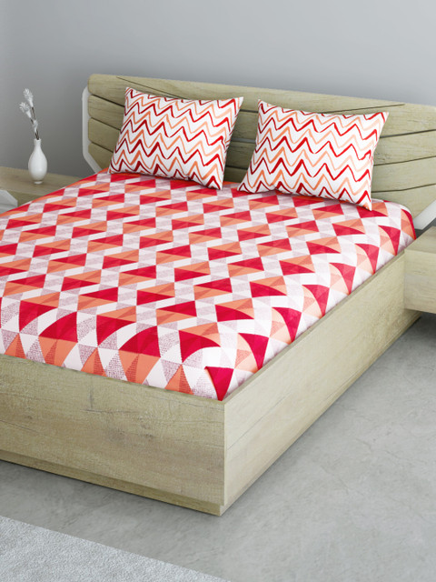

Aura White & Red Geometric Print 104 TC Cotton 1 Queen Bedsheet with 2 Pillow Covers