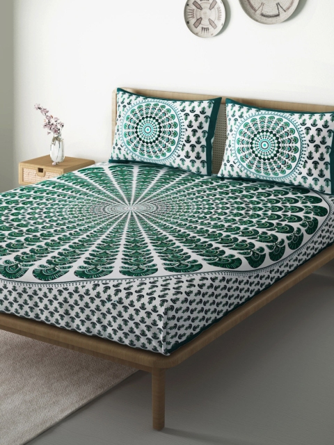 

Aura White & Green Ethnic Motifs 104 TC 110 GSM Cotton Queen Bedsheet with 2 Pillow Covers