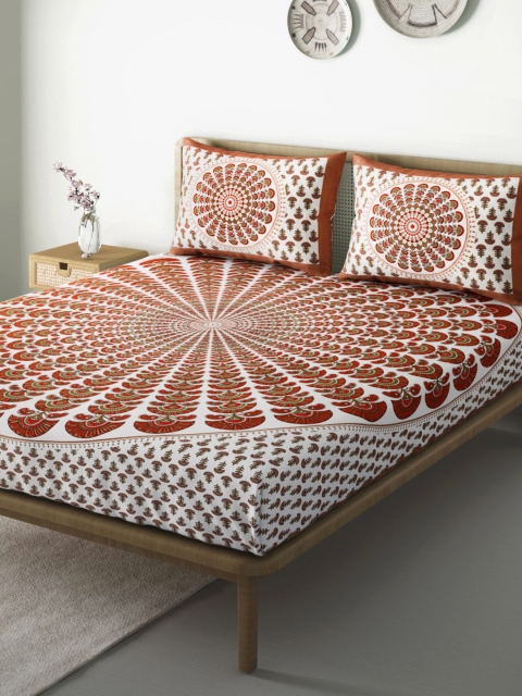 

Aura Off-White & Red Ethnic Motifs 104 TC 110 GSM Cotton Queen Bedsheet & Pillow Covers