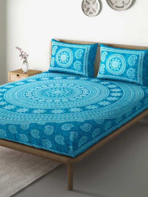 

Aura Blue & White Ethnic Motifs 104 TC 110 GSM Cotton Queen Bedsheet with 2 Pillow Covers