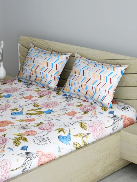 

Aura White & Blue Floral 144 TC Cotton 1 Queen Bedsheet with 2 Pillow Covers