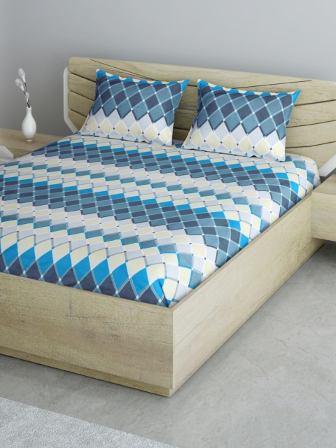

Aura Blue & Grey Geometric 144 TC 120 GSM Cotton 1 Queen Bedsheet with 2 Pillow Covers