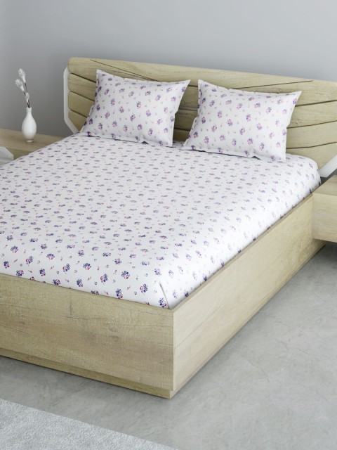 

Aura White & Purple Floral 144 TC Cotton 1 Queen Bedsheet with 2 Pillow Covers