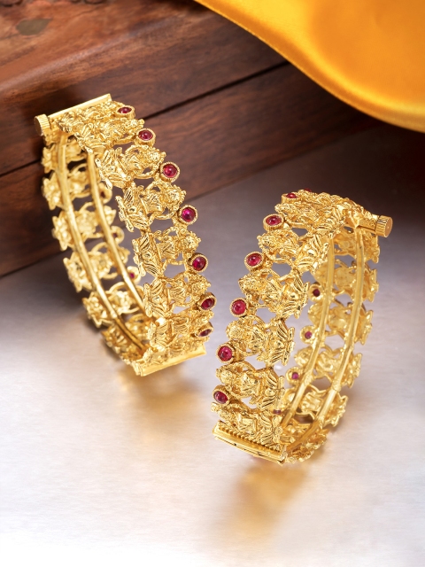 

Peora Set of 2 Gold Plated & Red Goddess Laxmi Studded Screw Openable Bangles