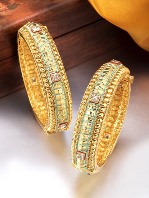 

Peora Set of 2 Gold Plated & Mint Traditional Meenakari Screw Openable Bangles, Green