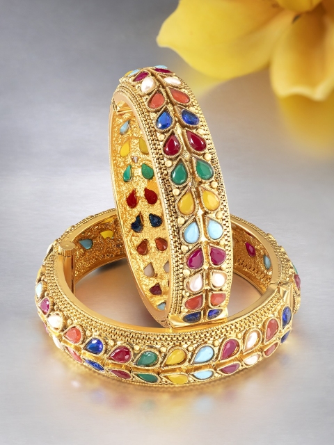 

Peora Set of 2 Gold Plated Multi-color Traditional Screw Openable Bangles