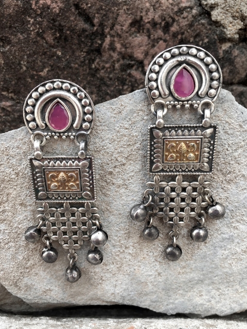 

Peora Oxidised Gold Silver-Plated Geometric Afghan Drop Earrings