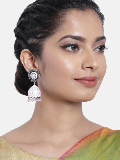 

Peora Oxidised Pink Silver-Plated Dome Shaped Meenakari Jhumkas