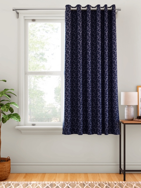 

Aura Navy Blue Leaf Patterned Single Window Curtain