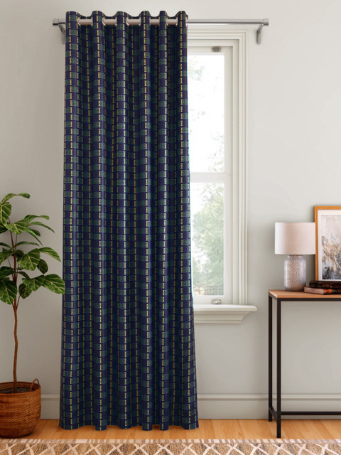 

Aura Navy Blue & Green Geometric Printed Single Door Curtain