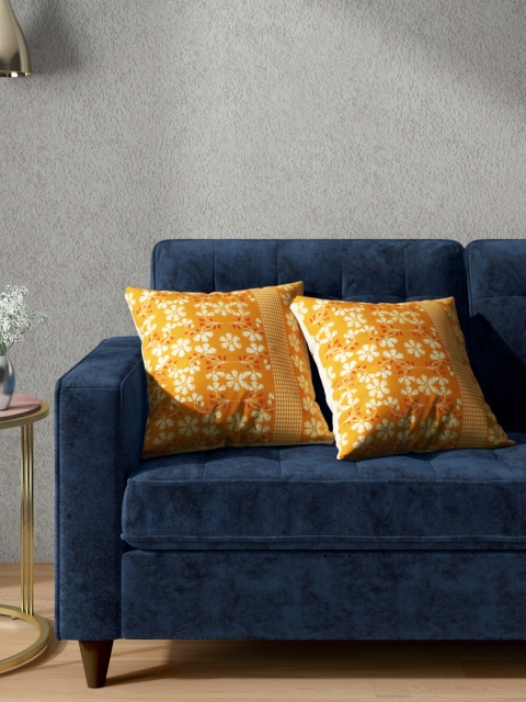 

Aura Set of 2 Mustard Yellow & Off-White Pure Cotton Floral Print Square Cushion Covers