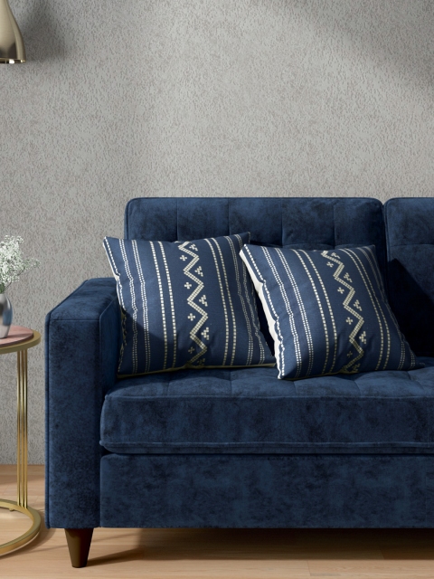 

Aura Set of 2 Navy Blue & Off-White Pure Cotton Geometric Print Square Cushion Covers