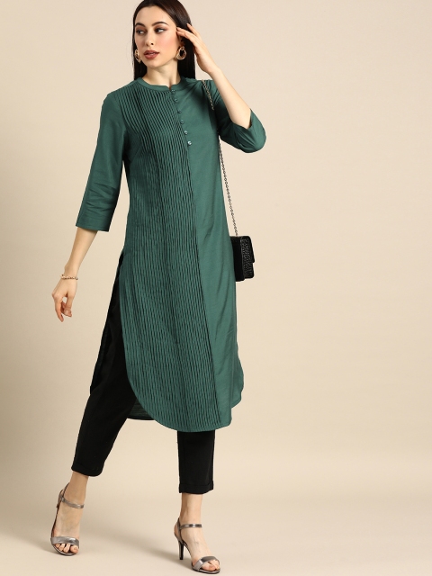 

Anouk Women Green Solid Pin-Tucked Straight Kurta