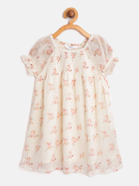 

Marks & Spencer Girls Off-White & Pink Floral Printed & Dobby Weave A-Line Dress