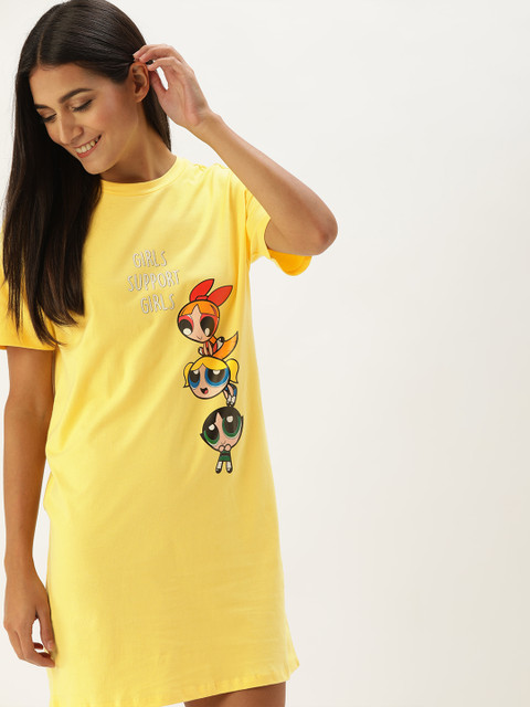 

Powerpuff Girls by Dressberry Yellow Printed Drop-Shoulder Sleeves Nightdress