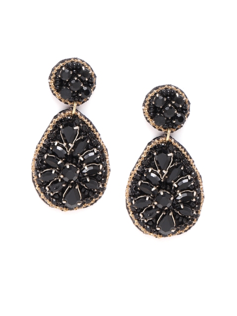 

Forever New Black Silver-Plated Stone Studded Teardrop Shaped Drop Earrings