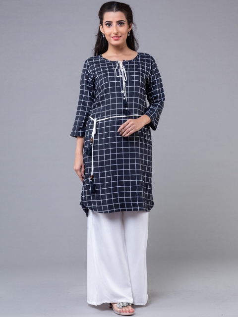 

KLM Fashion Mall Women Navy Blue Boat Neck Striped Kurta