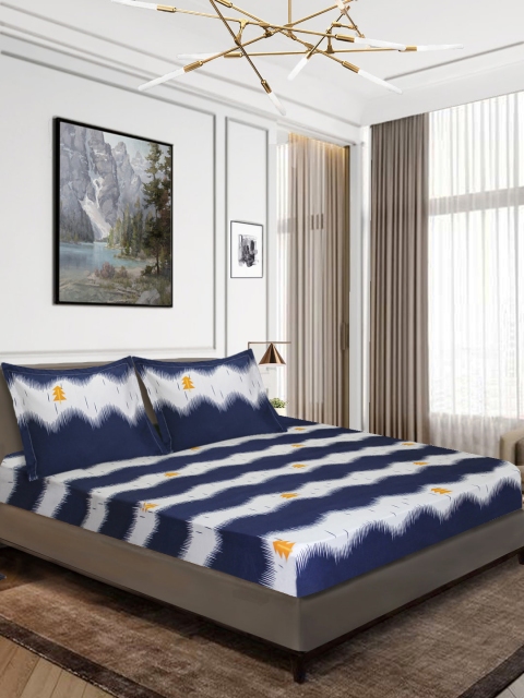 

Aura Navy Blue & White Printed 160 TC Polyester 1 Queen Bedsheet with 2 Pillow Covers