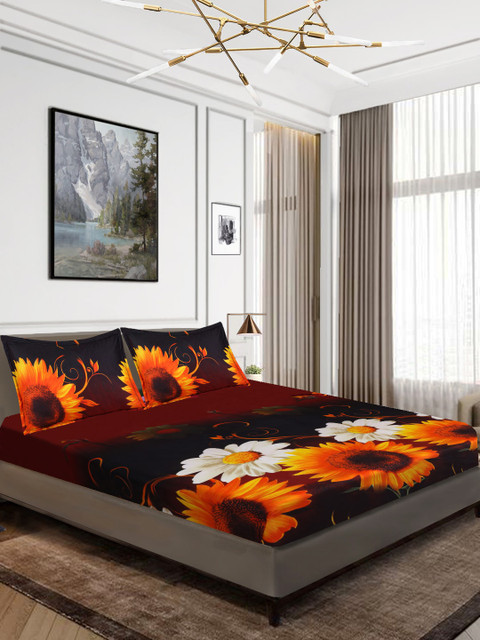 

Aura Maroon & Yellow Floral 160 TC Polyester 1 Queen Bedsheet with 2 Pillow Covers
