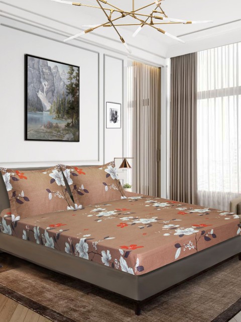 

Aura Brown & White Floral 160 TC Polyester 1 Queen Bedsheet with 2 Pillow Covers