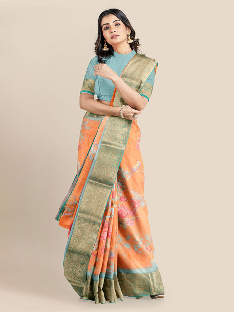 

KLM Fashion Mall Orange Silk Blend Floral Printed Banarasi Saree
