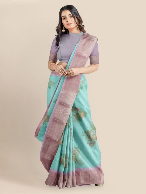 

KLM Fashion Mall Turquoise Blue Silk Blend Printed Banarasi Saree