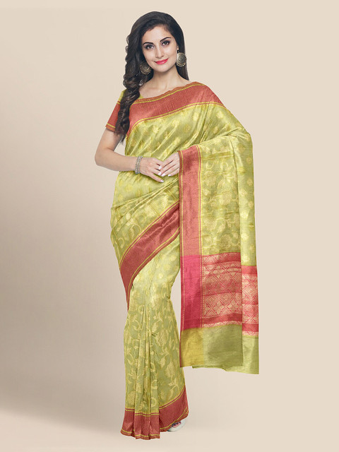 

KLM Fashion Mall Green & Pink Silk Cotton Woven Design Banarasi Saree