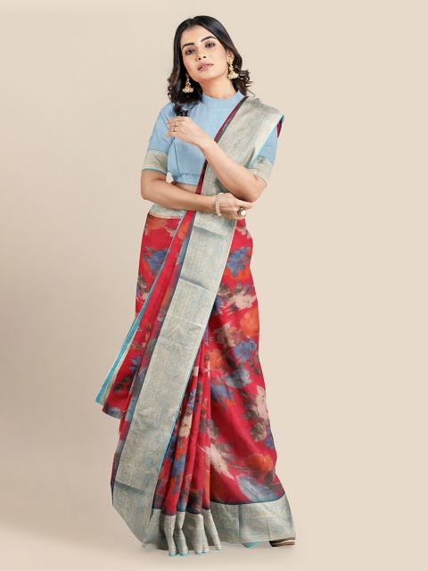 

KLM Fashion Mall Red & Blue Silk Blend Printed Banarasi Saree